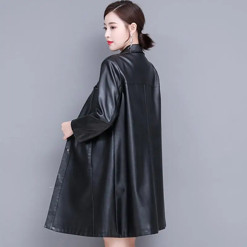 Autumn Winter Long Casual Genuine Leather Jacket Women New Fashion Streetwear Slim Sheepskin Coat Black Female Clothing Tops