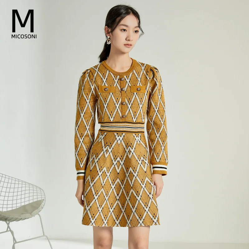 

Женское трикотажное платье-свитер Micosoni, трикотажное облегающее платье до колен контрастных цветов с круглым вырезом и длинными рукавами, у...