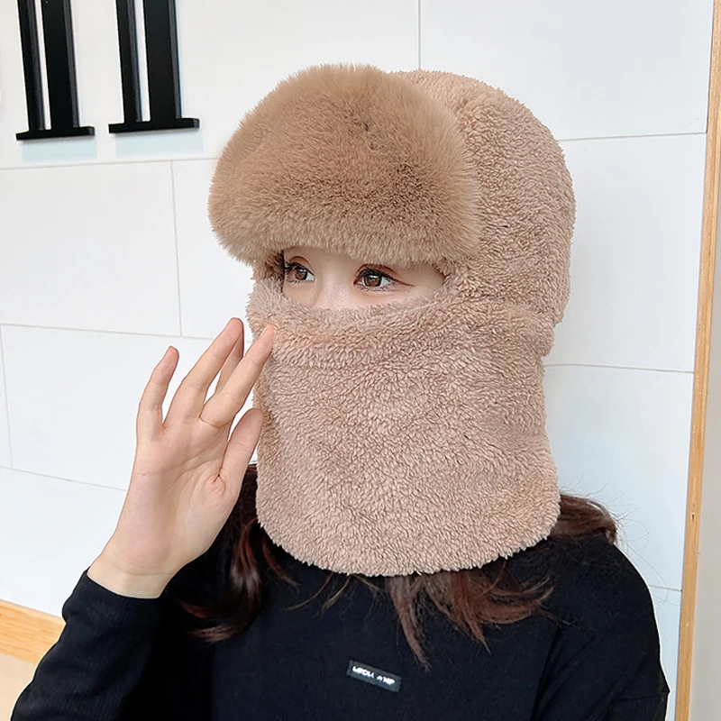 

EUMOAN Hat woman winter bib scarf one thickened bike windproof cold protective ear mask warm Lei Feng hat outdoors