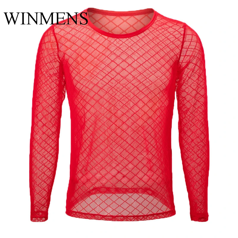 Мужские прозрачные майки с длинными рукавами дышащее сетчатое нижнее белье в