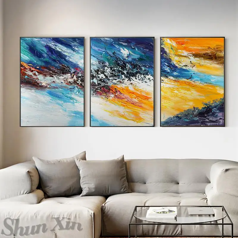 

3 Piece Handmade Abstract Oil Painting Northern European Colorful Triptych Texture Living Room Wall Art Decor Mural Frameless