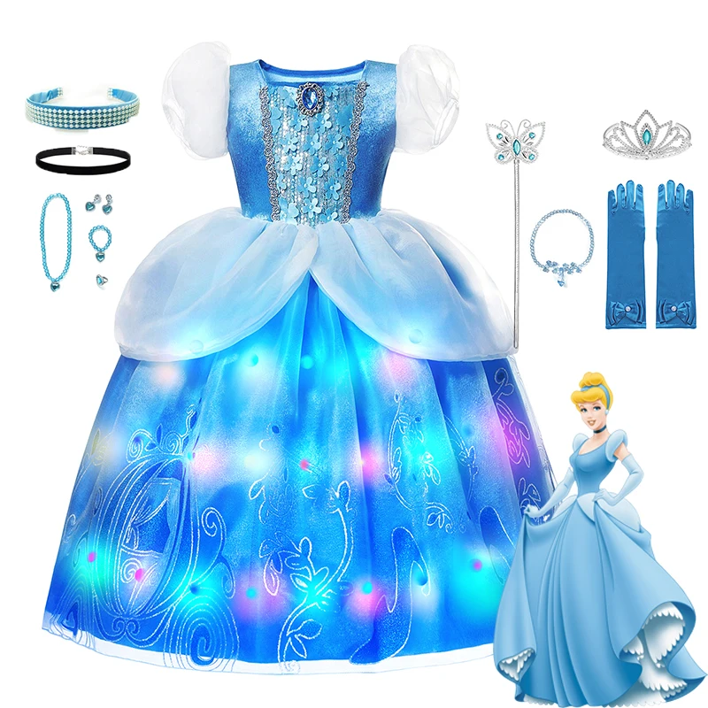 

Платье Принцессы Диснея со светодиодной подсветкой для девочек, костюм на Хэллоуин, косплей, Золушка, комикс, детское платье, женское платье на Хэллоуин