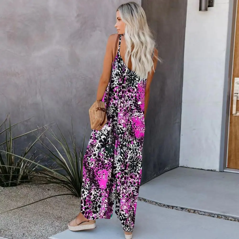 

Women Jumpsuit V-neck Lady Romper Leopard Print Wide Leg Sling Romper