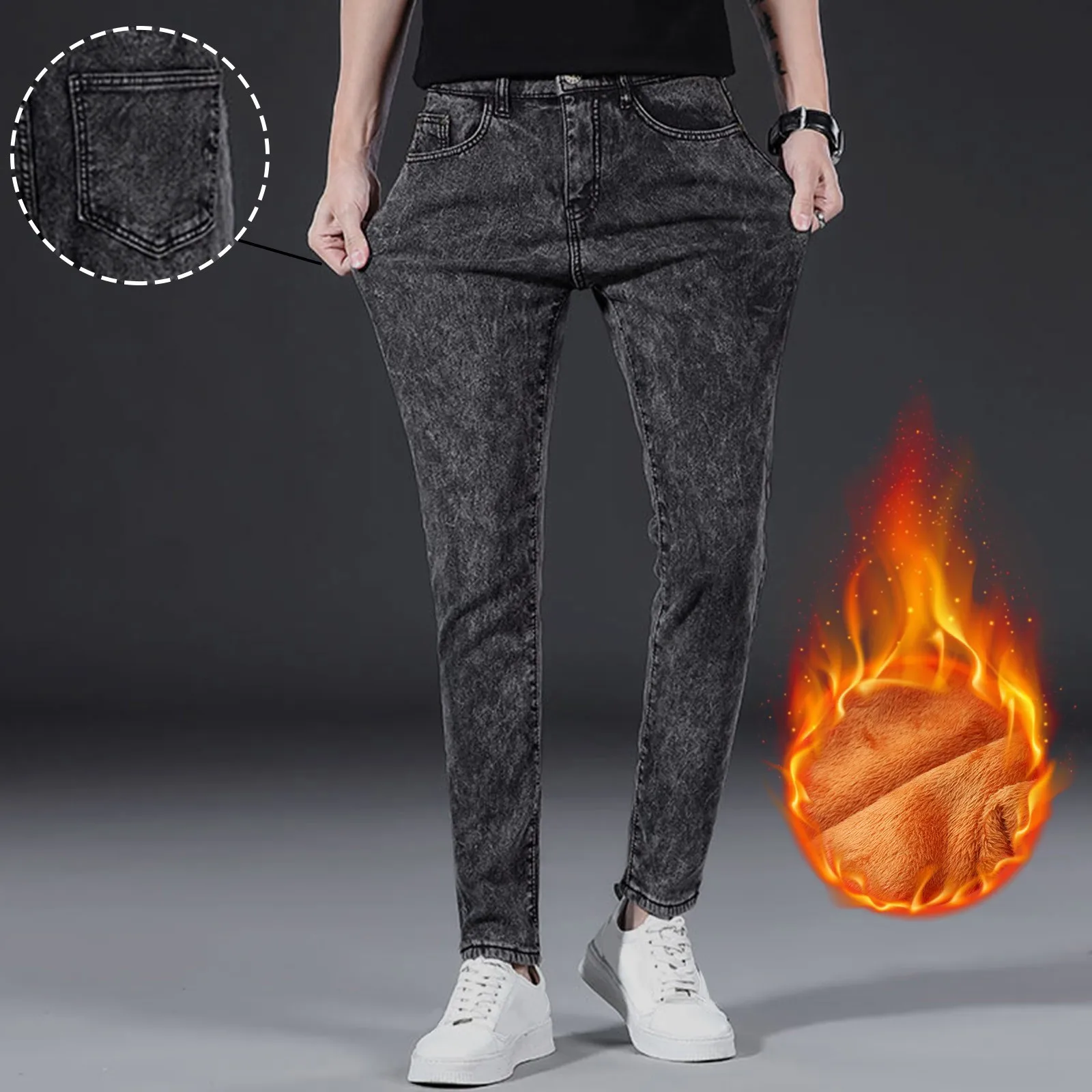 

Pants Jeans Straight Fleece Pants Leg Stretch Men's Slim Men's pants