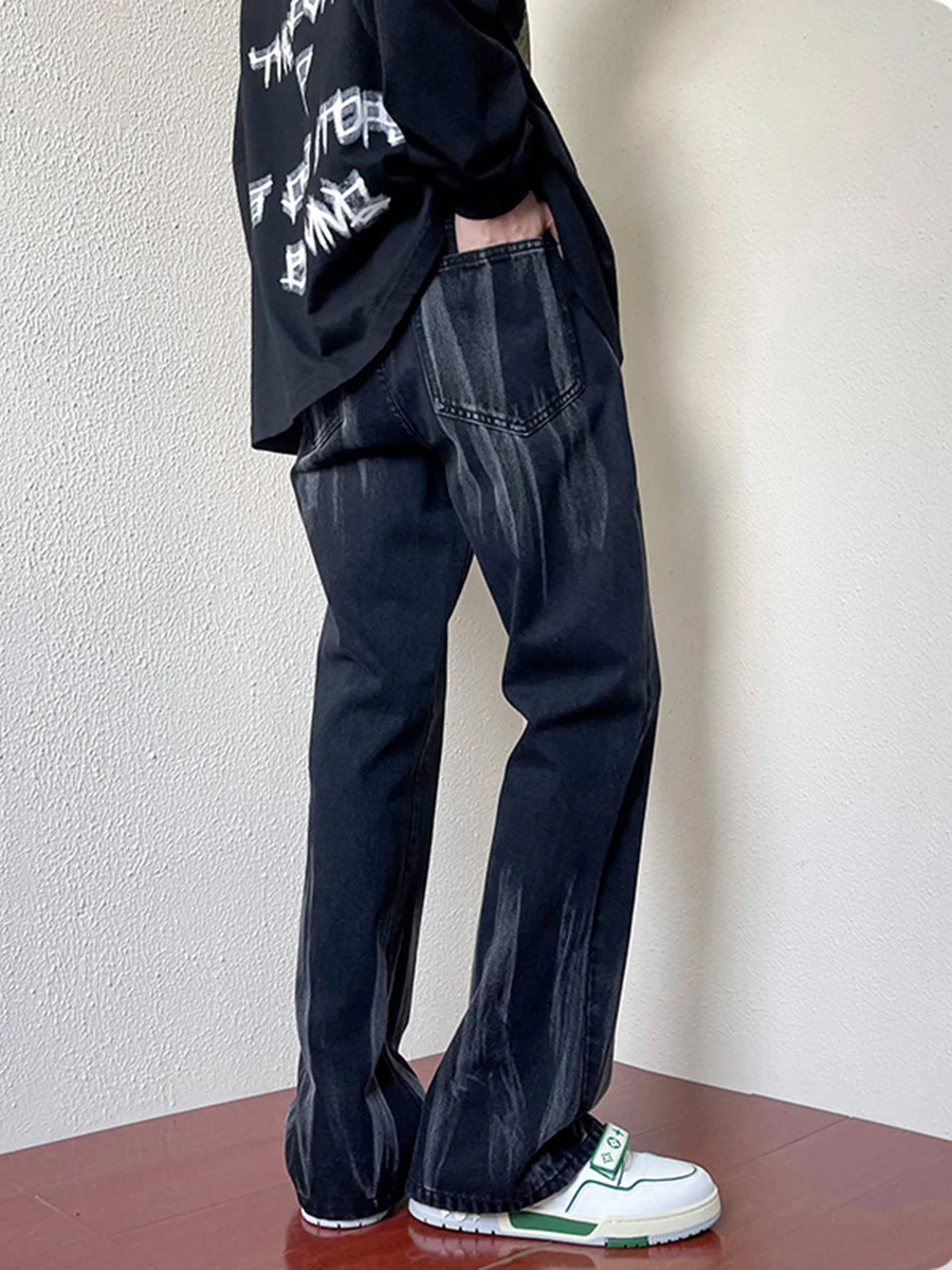 European and American Men's Fashion Trend High Street Tie-dye Micro-flare Black Jeans Men's Loose Straight Wide-leg Pants Denim