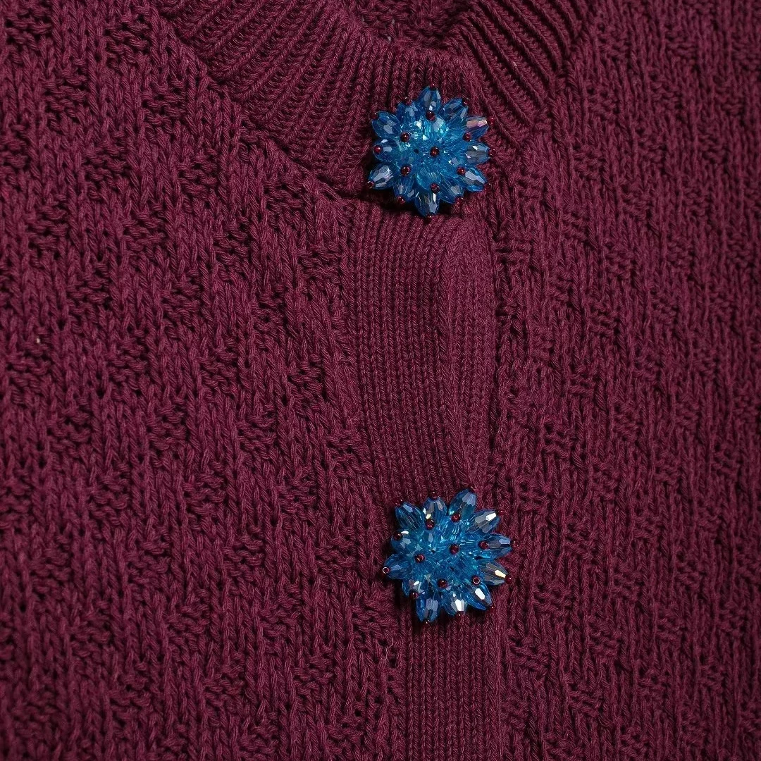 Женский трикотажный кардиган в винтажном стиле EDSA Бордо со стразами короткими