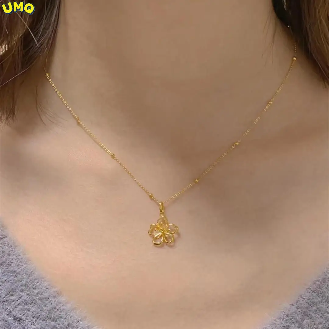 

999 полностью Золотая вишня ожерельлье цветок женский золотой полой лепесток модная подвеска 24k чистое золото простая тонкая цепочка до ключ...