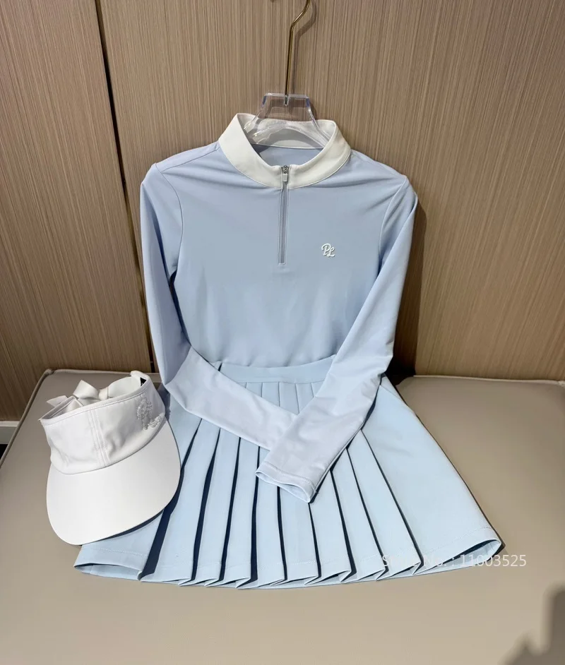 Фото PL Golf Женская рубашка с воротником на молнии Быстросохнущий топ с длинными рукавами Эластичные дышащие футболки Женская плиссированная юбка Спортивные шорты для гольфа №4