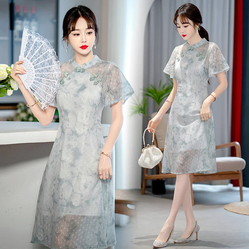

Vintage Short Sleeve Cheongsam Evening Dresses 2023 Chinese Traditional Qipao Dress for Women Clothing