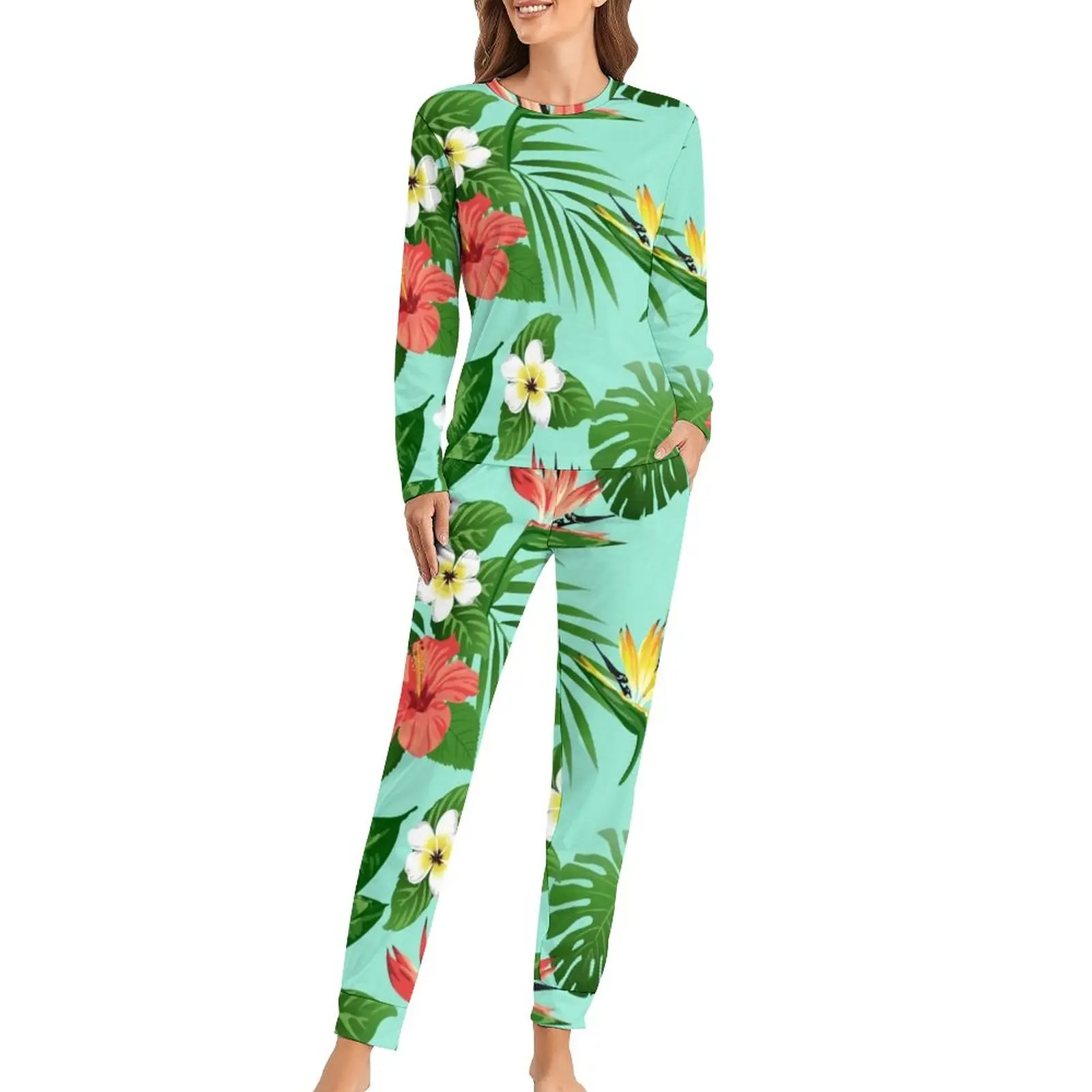 

Gorgeous Tropical Floral Pajamas Women Hawaii Flower Warm Sleepwear Spring 2 Piece Night Oversized Pajamas Set