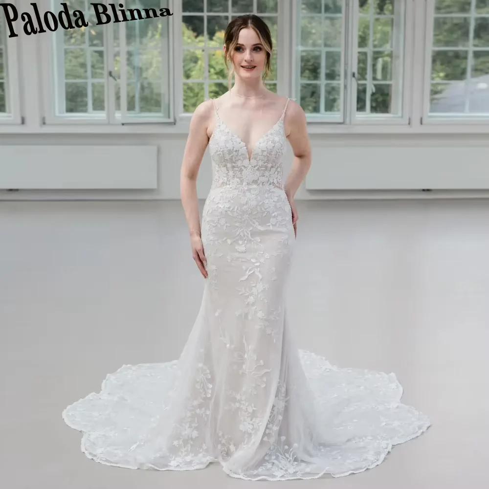 Paloda Необычное свадебное платье на тонких бретельках Русалка с открытой спиной и