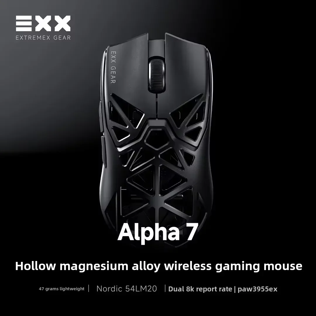 Фото Игровая мышь EXX Alpha7, беспроводная, трехрежимная, легкая (47 г), двойное разрешение 8K, корпус из алюминиево-магниевого сплава, сенсор PAW3955, полая конструкция, подарок для геймеров. №4