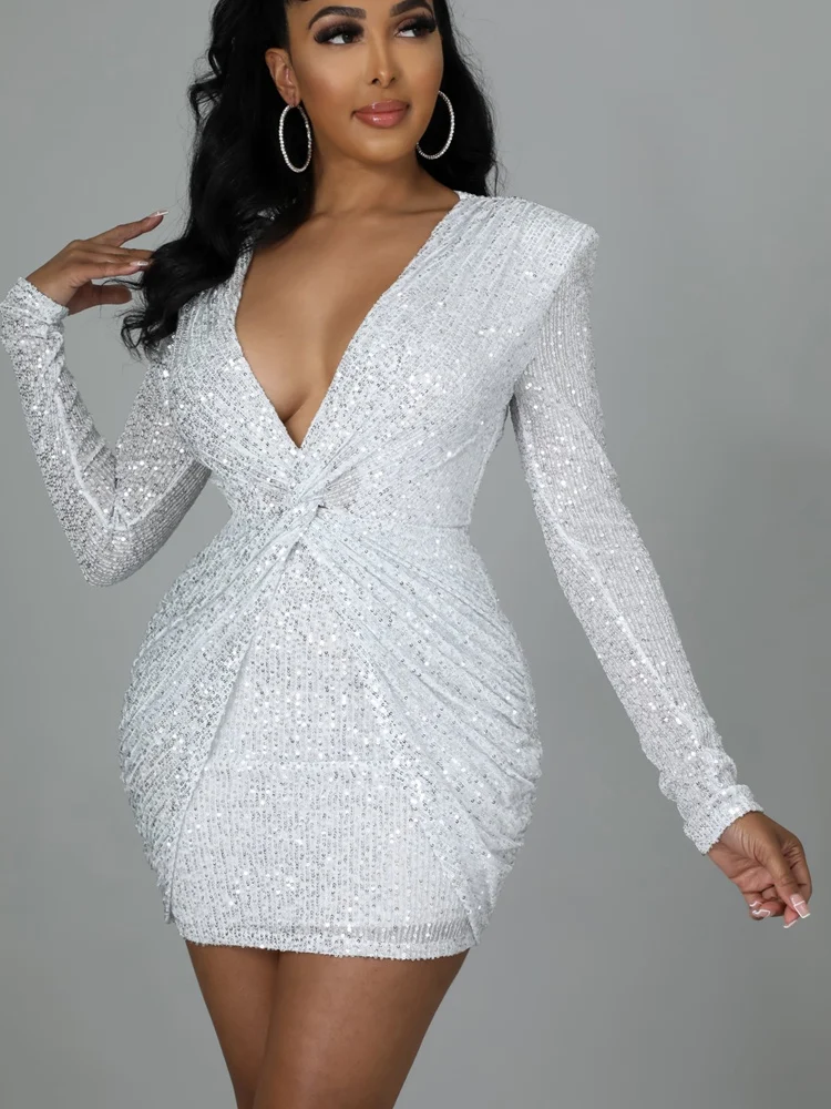 

Mandylandy Women Sexy Sequins Bodycon Evening Dress Fashion Night Clubwear Long Sleeve V Neck High Waist Corset Fold Dress