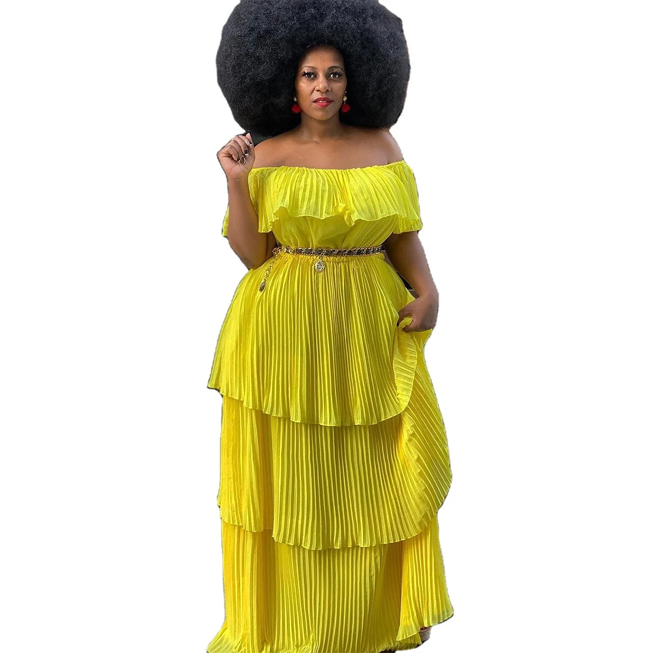 Plus Size Long Dress 2023 Autumn Winter Dress Yellow Chiffon One Shoulder Off Back Slim Beach Holiday Pleated Long Dress