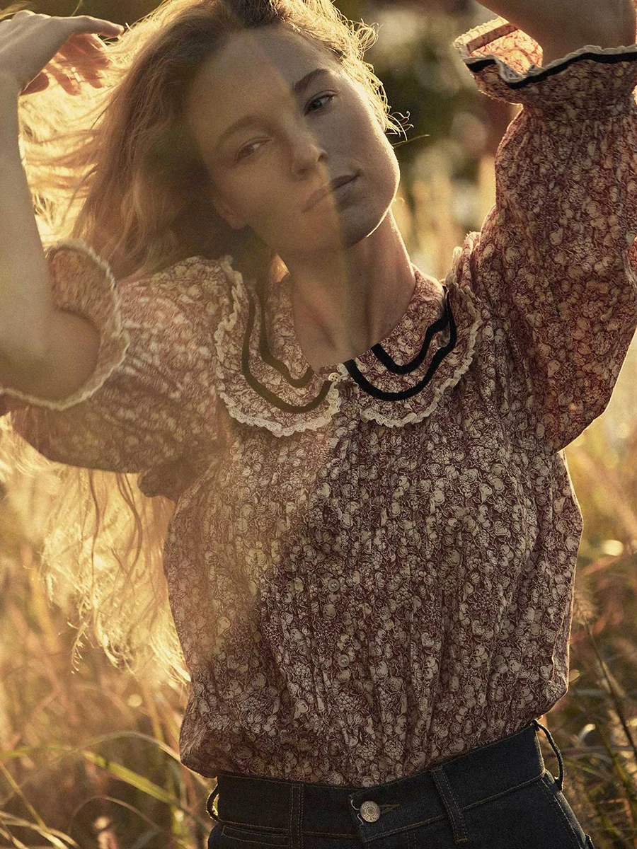 

Блузка женская с цветочным принтом, французская винтажная кружевная Повседневная рубашка в стиле пэчворк, с рукавами-фонариками, модная винтажная, весна 2023