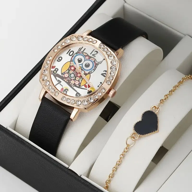 High quality classic1pc Fashion Luxury Rhinestone Square Case Ladies Cartoon Owl Watch + 1pc Bracelet clock luxury style