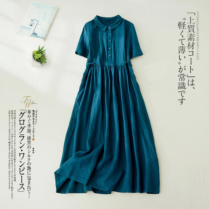 

Limiguyue хлопковое льняное корейское платье женское летнее длинное платье-рубашка с коротким рукавом мягкое синее винтажное длинное платье для офиса для женщин U471