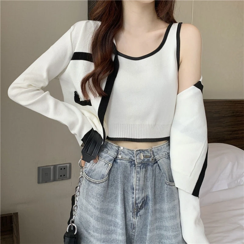 

Women 2 Piece Knit Contrast Color Striped Outfit Long Sleeve Open Front Crop Cardigan with Sleevelese Cami Tank Drop Shipping