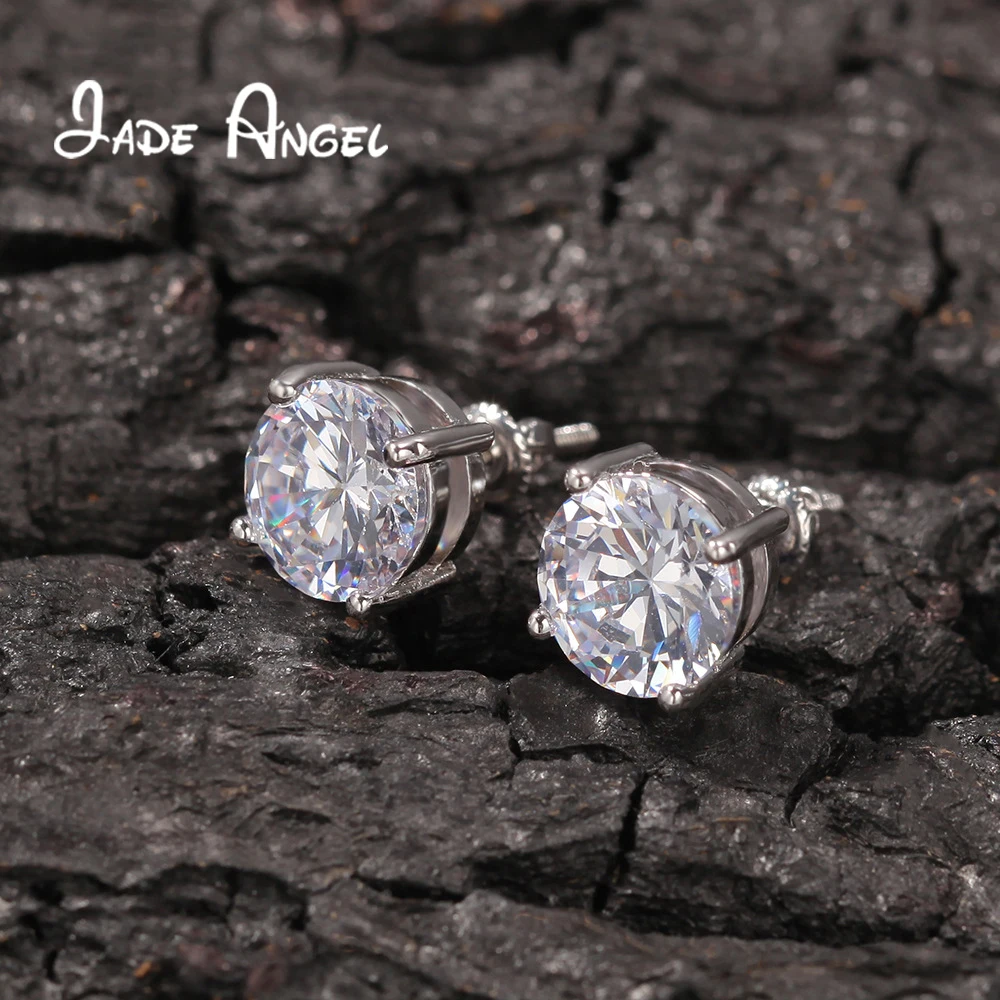 

Jade Angel Classic Round Large Zircon Hip Hop Ear Stud Silver Tips 925 Anti-allergy Four Claws Fashion Jewelry for Women And Men