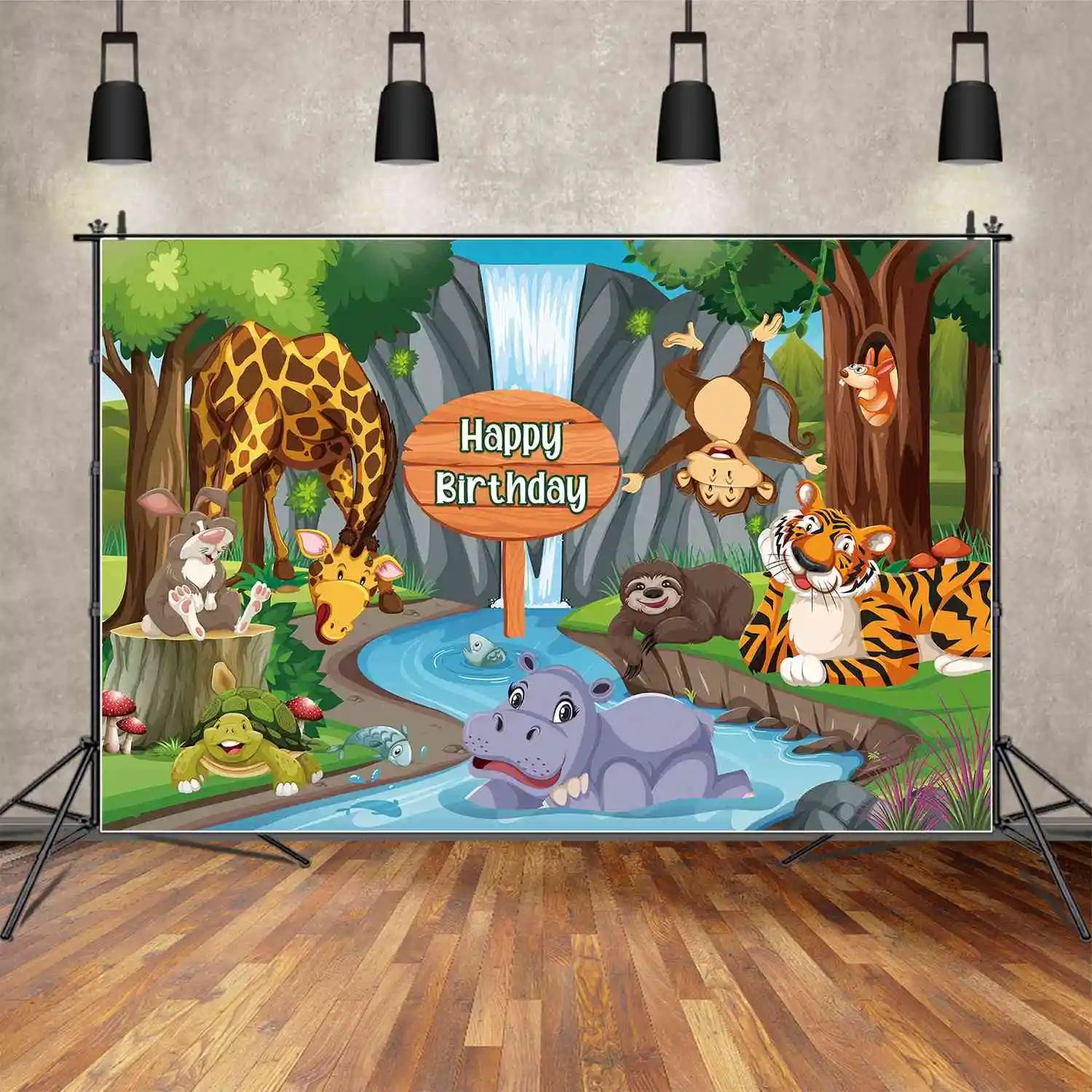 

MOON.QG Backdrop Safari Birthday Party Baby Shooting Props Background Mountain Rock Waterfall Animals Decorations Accessories