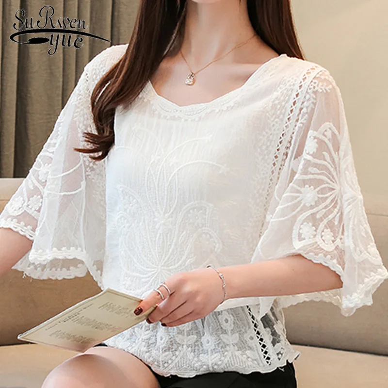 

Summer Top Fashion Womens Tops and Blouses Ladies Tops Lace White Shirts Women Tops Blouse for Women Solid Hollow Out Sweet 4073