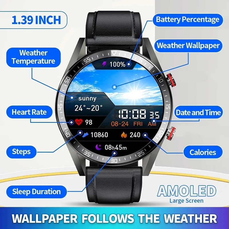 

454*454 1.39Inch AMOLED Screen Always Display The Time Smart Watch Bluetooth Call Local Music Weather Smartwatch For Men Android