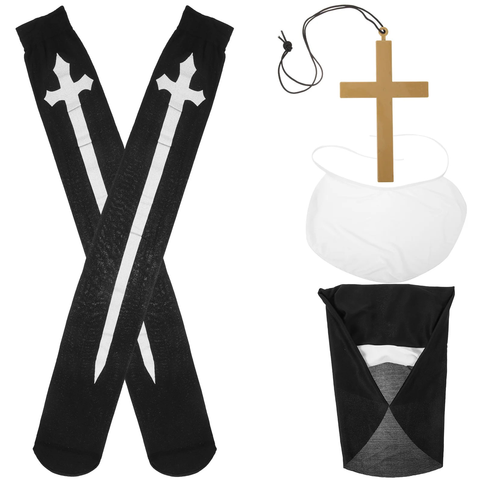 

Women's Halloween Costume Cross Pendant Necklace Adult Nun High Socks Costumes Decorative Hat Fabric Thigh Sununu