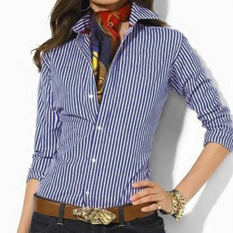 Women's Embroidered Vertical Stripe Horse 100% Cotton Pony Shirt Long Sleeve Women's Casual Top