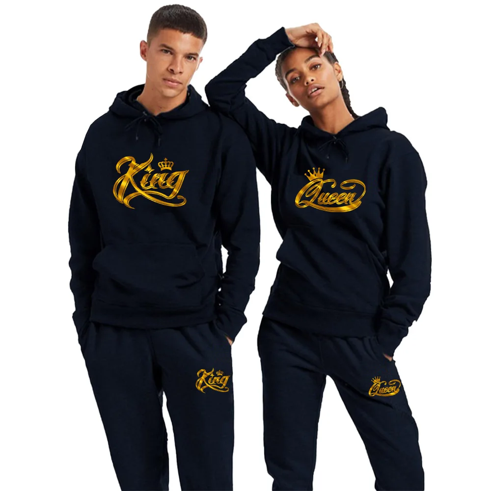2022 Couple Sportwear Set KING Or QUEEN Printed Pullover Sportswear Hooded Suits 2 Pices Male and Female Hoodie and Pants Set