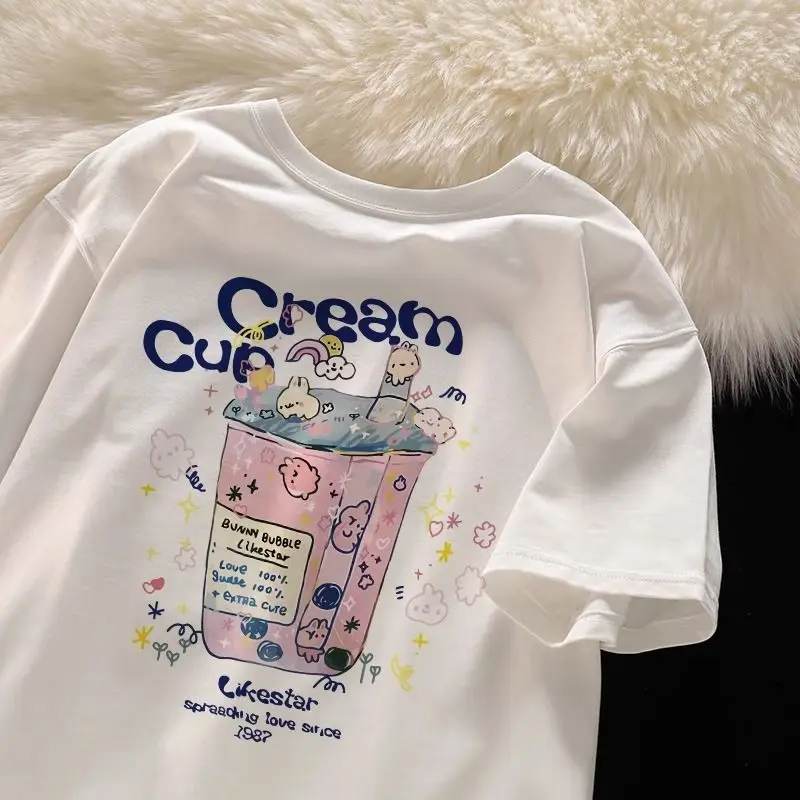 

European and American personality Cute Print T shirt Fashion Summer Vintage Fresh Loose Y2K Art Street Women Super Large T shirt