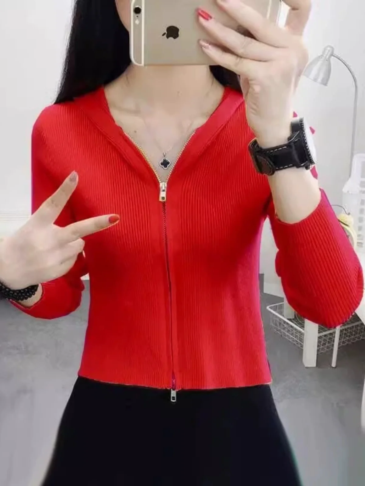 Hood Knitted Zip-up Cardigan Autumn and Winter Korean Sle Western Slim fit High Waist Crop Sweater Bottoming Shirt Ou...