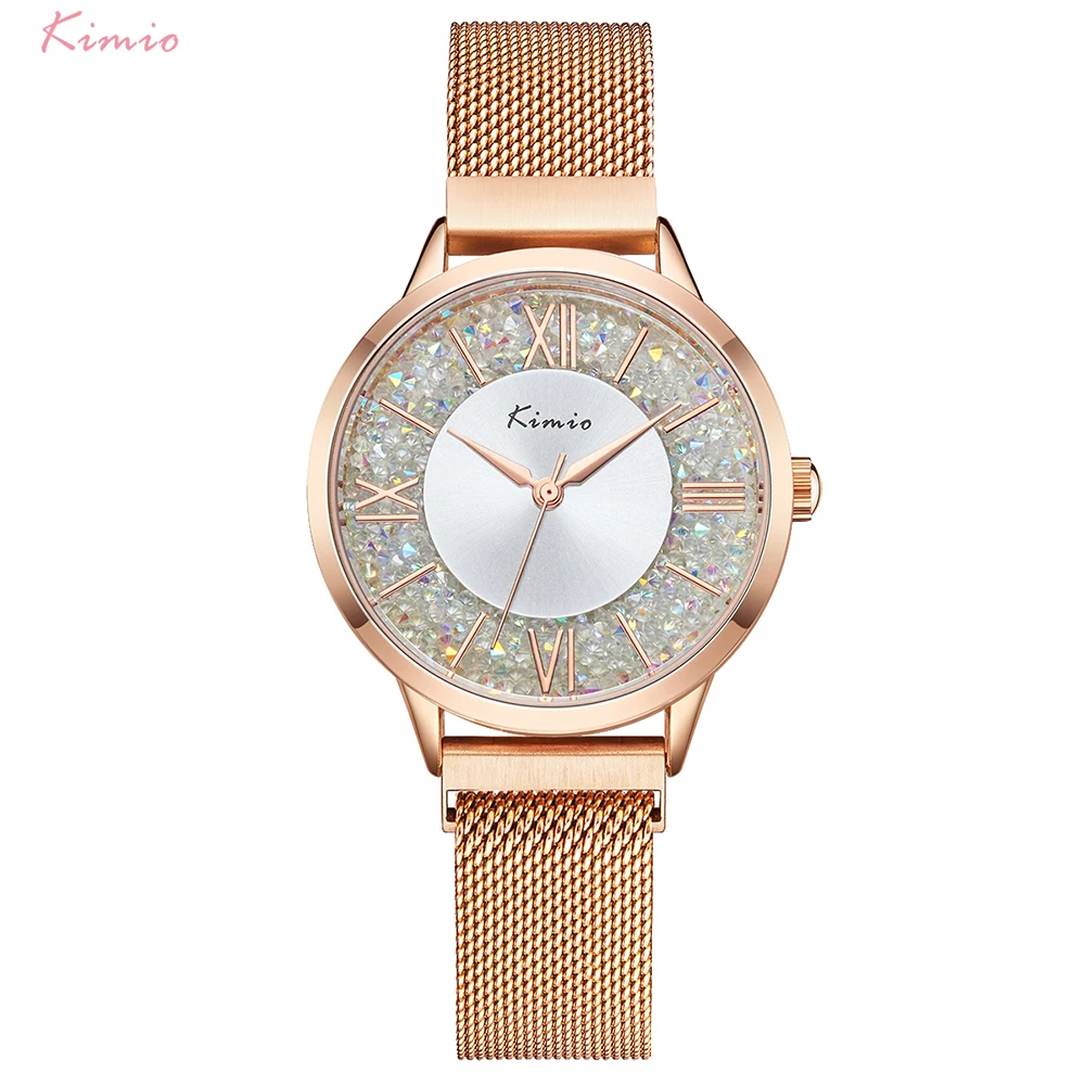 

Kimio Women Fashion Roman Numerals Quartz Watch Stainless Steel Mesh Belt Watch Luxury Crystal Watches Relogio Feminino