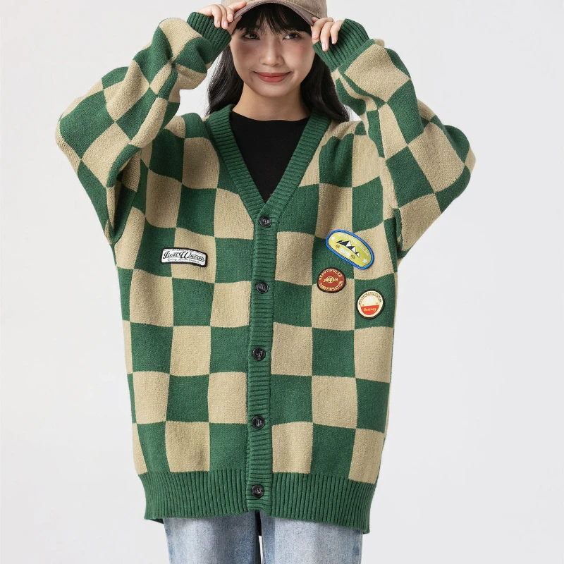 Кардиган в стиле Харадзюку для мужчин и женщин свитеры клетку с V-образным