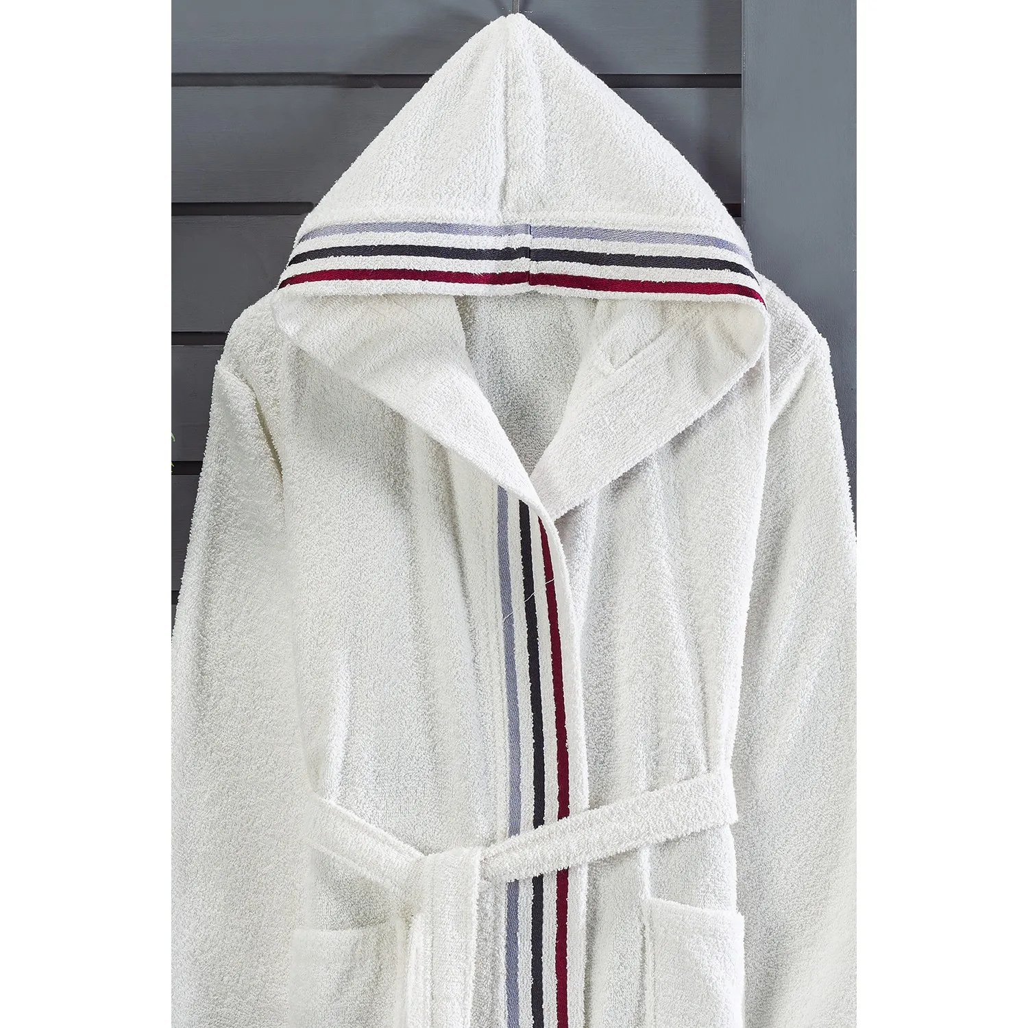 Özenev Hooded 2 Piece Family Bath Robe Set Cotton Striped Groined Soft Luxury Burgundy Fuller Fabric First Class Production