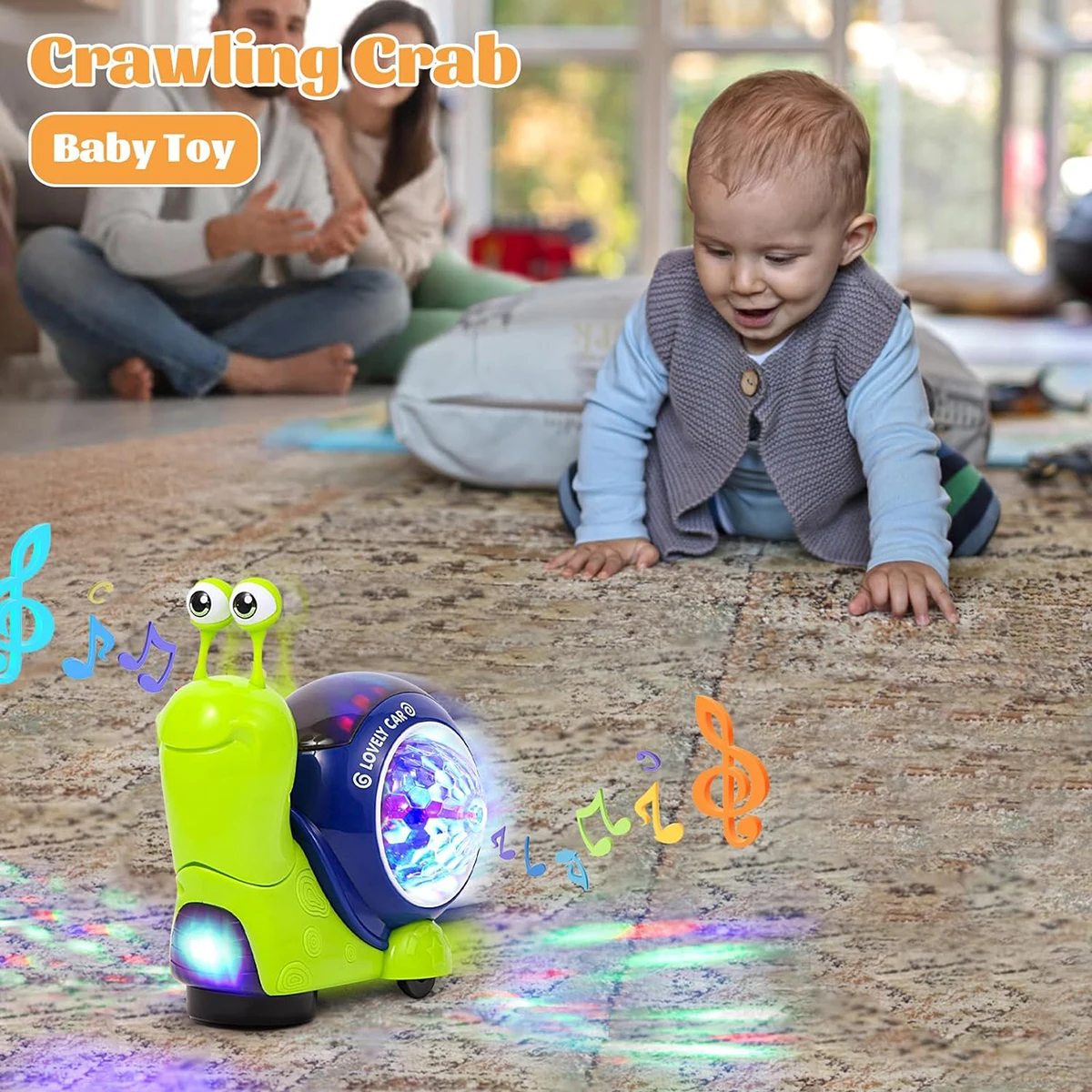 1PC Crawling Snail Baby Toy Walking Tummy for Babies Interactive Musical Light up Toys (Green snail)