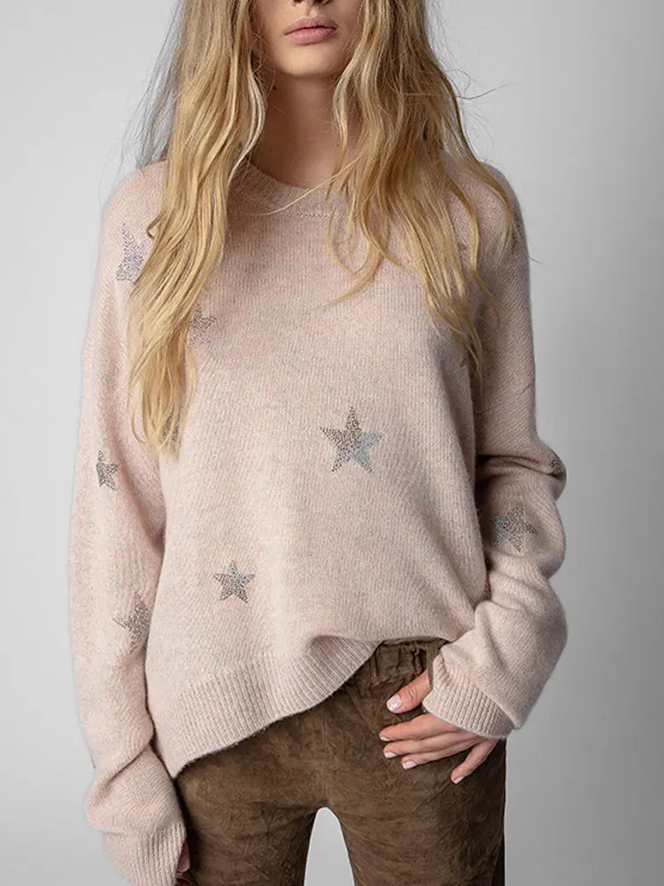 

Fall 2022 Star-patterned Drop-shoulder Crew-neck Cashmere Sweater