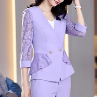 korean spring dress large office female business white collar formal work clothes medium sleeve coat purple pants two piece set