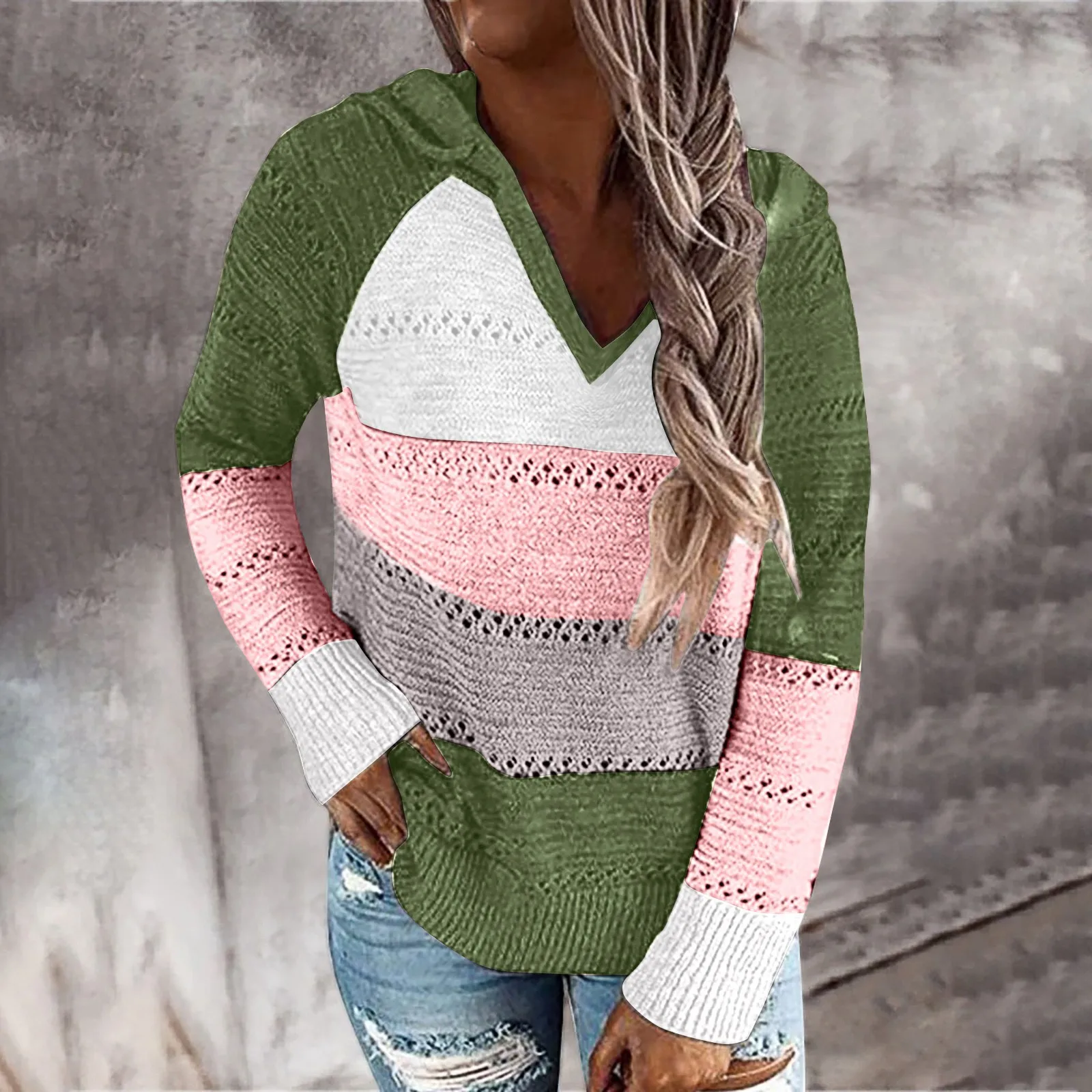

Fashion Women Casual Patchwork V-Neck Long Sleeves 100 Cotton Long Sleeve Womens Hoodie Sweater Pullover Fisherman Sweater Men