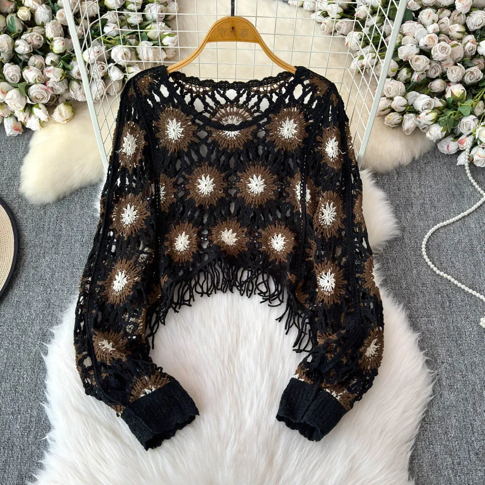 Винтажный элегантный вязаный Топ с круглым вырезом цветочным узором и вырезами