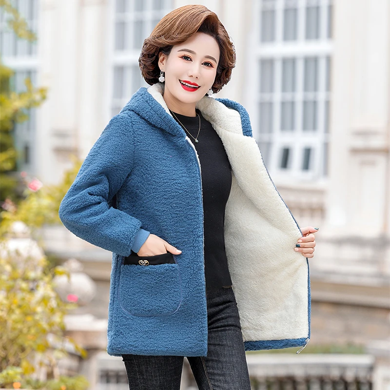 Middle-aged Mothers Faux lamb Wool Coat Hooded Autumn Winter Thicken Loose Outerwear Female Jacket Parkas Casual Tops