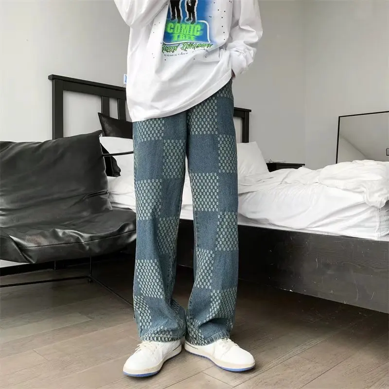 Mens Printed Jeans 2023 New Darker Blue Straight Lift Pattern Loose High Street Casual Boyfriend Pants