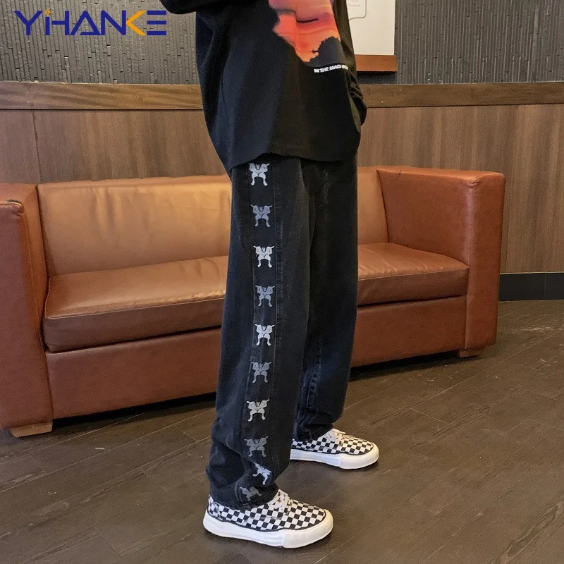 Men Y2K Jeans Harajuku Butterfly Embroidery Hip Hop High Street Loose Straight Leg Daddy Pants Man Trousers S-3XL Black Jeans