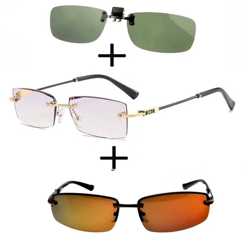

3Pcs!!! Rimless Frameless Luxury Reading Glasses for Men Women + Polarized Sunglasses Alloy Sports Driving + Sunglasses Clip