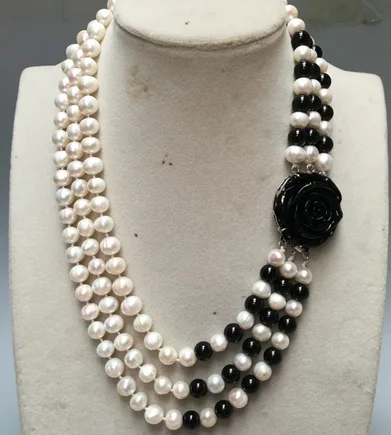 

17"-20" 7-8mm 3row round white freshwater pearls black stone necklac