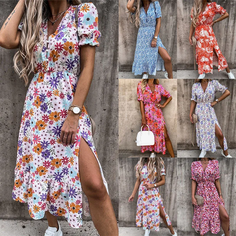 

Women's Clothing 2022 Street Fashion V-Neck Printing Short Sleeve Long Skirt Pullover Basic High Waist Sexy Dress Summer Female