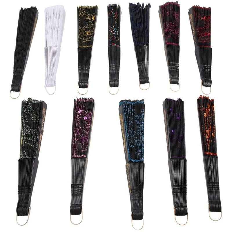 

12 Pieces Sequin Fabric Folding Fans Peacock Hand Fans Flower Lace Fans Handheld Folding Fans For Women Wedding Party