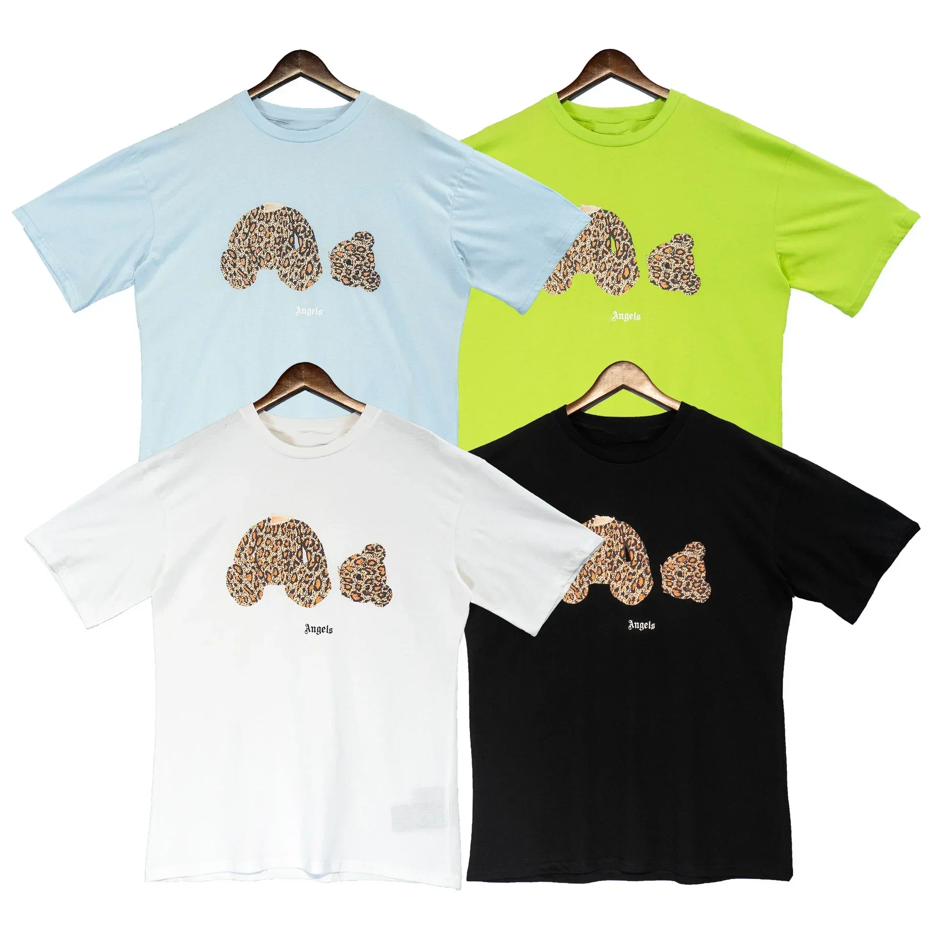 

Palm ANGEL decapitated bear leopard men print trendy cotton loose light blue high street bottoming Shirt Short sleeve T-shirt