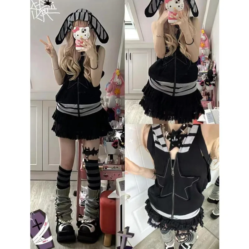 

Y2k Fashion Punk Zipper Streetwear Vest Tops Women Japan Aesthetic Hooded Patchwork Stripe Hip Hop Sleeveless Harajuku Tank Tees