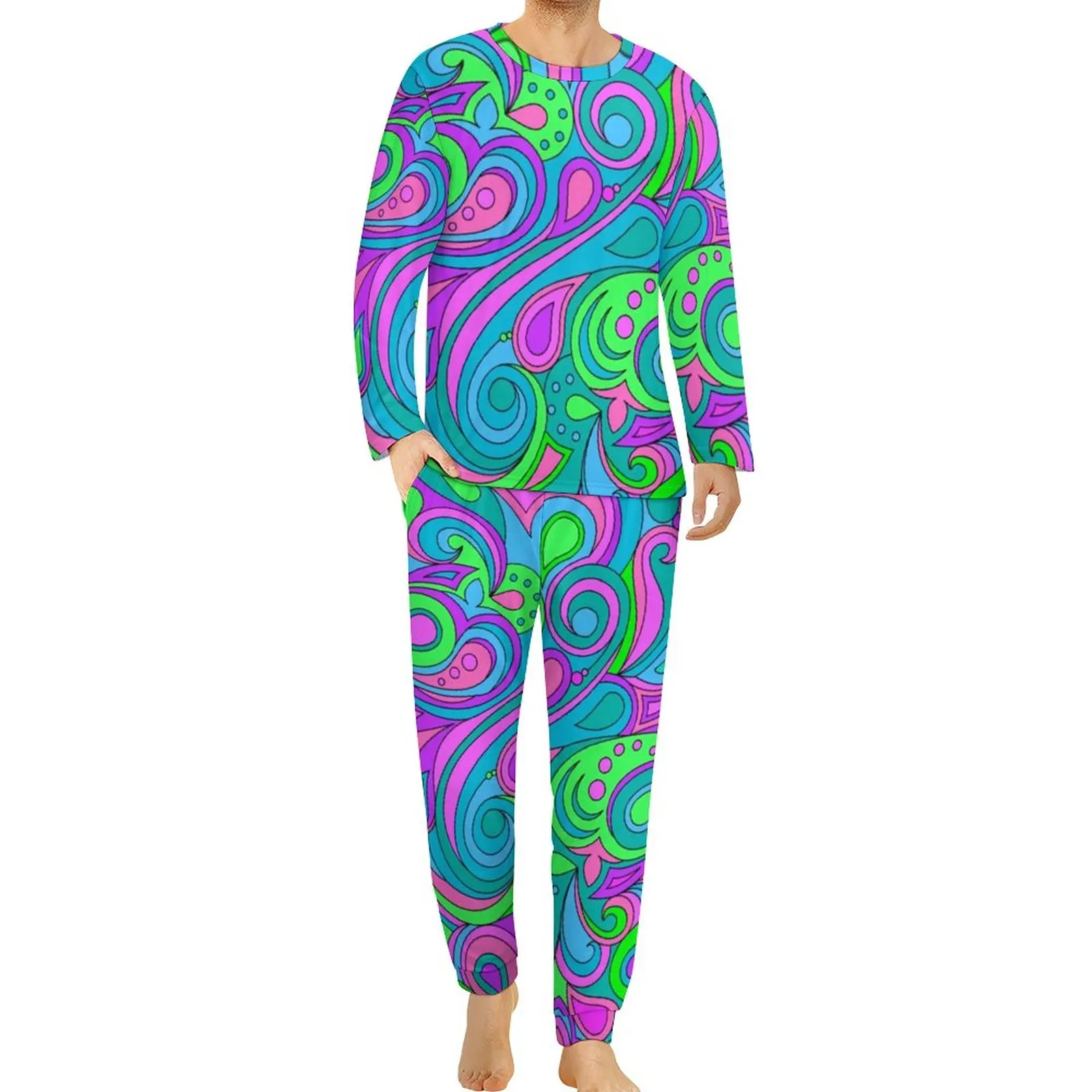

Happy Hippy Pajamas Purple Paisley Print Man Long-Sleeve Trendy Pajama Sets 2 Pieces Bedroom Day Printed Sleepwear Birthday Gift