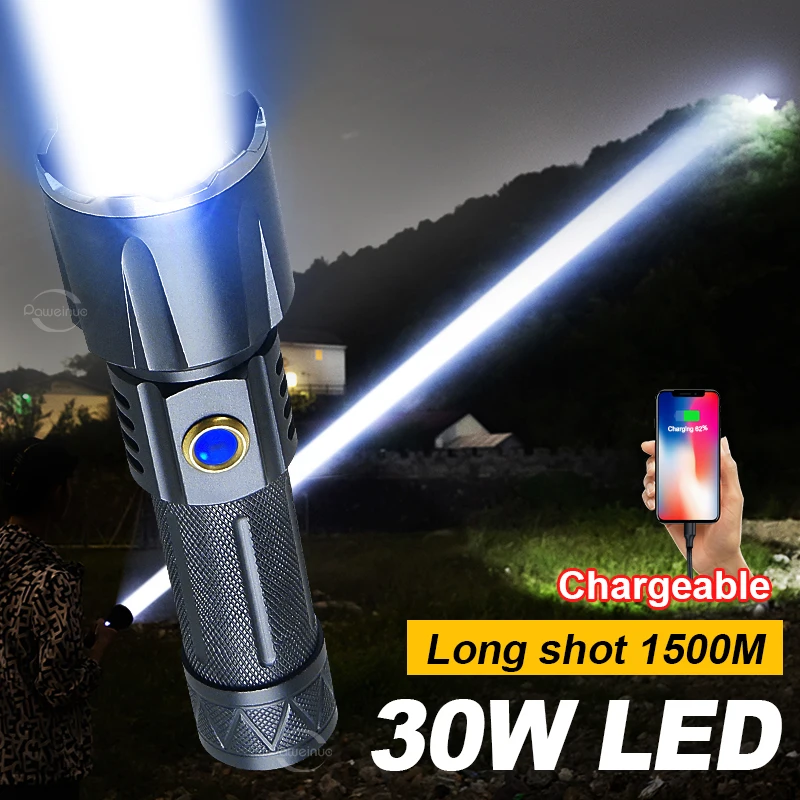 

30W 2000M Recharge Flashlight USB High Power LED Flashlights 5000mAh Powerful Torch Zooming Tactical Lantern Camping Hand Lamp